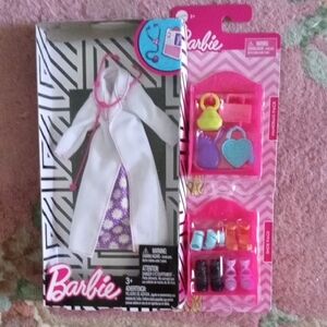 Mattel Barbie Fashion Doctor Set & Accessories - White Lab Coat Purple Dress.